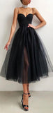 A-line Black Tulle Spaghetti Straps Modest Prom Dresses PD111