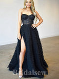 A-line Black Unique Stylish Spaghetti Straps Long Women Evening Prom Dresses PD851