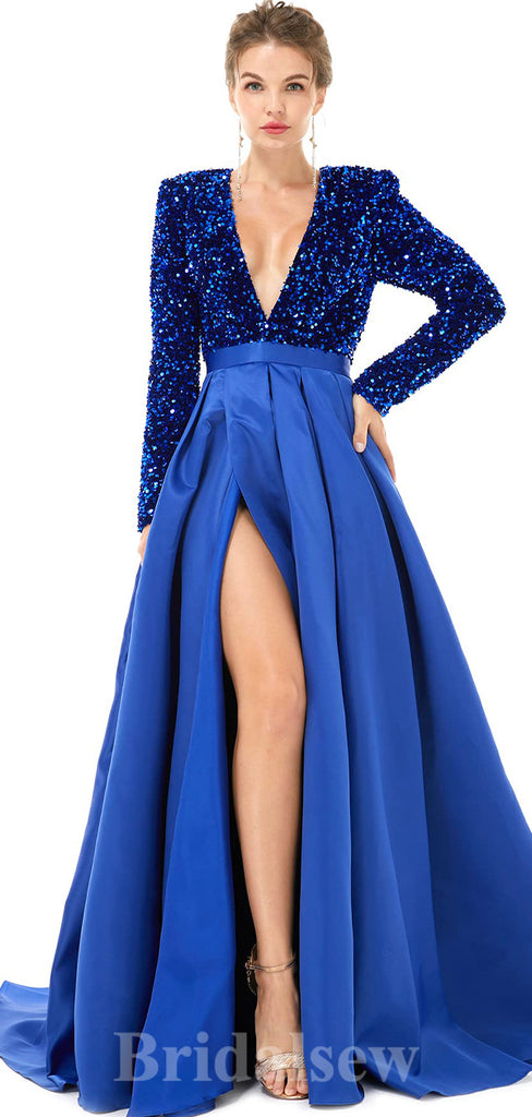 A-line Blue Black Silver Sequin Sparkly Giltter Long Sleeves New Long Women Evening Prom Dresses PD839