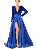 A-line Blue Black Silver Sequin Sparkly Giltter Long Sleeves New Long Women Evening Prom Dresses PD839