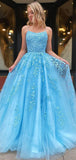 A-line Blue Formal Lace Spaghetti Straps Party Long Prom Dresses PD245