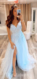 A-line Blue Lace Elegant Modest Slit Princess Long Women Evening Prom Dresses PD740