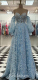A-line Blue Lace Modest High Quality Pretty Elegant Long Evening Prom Dresses PD1211