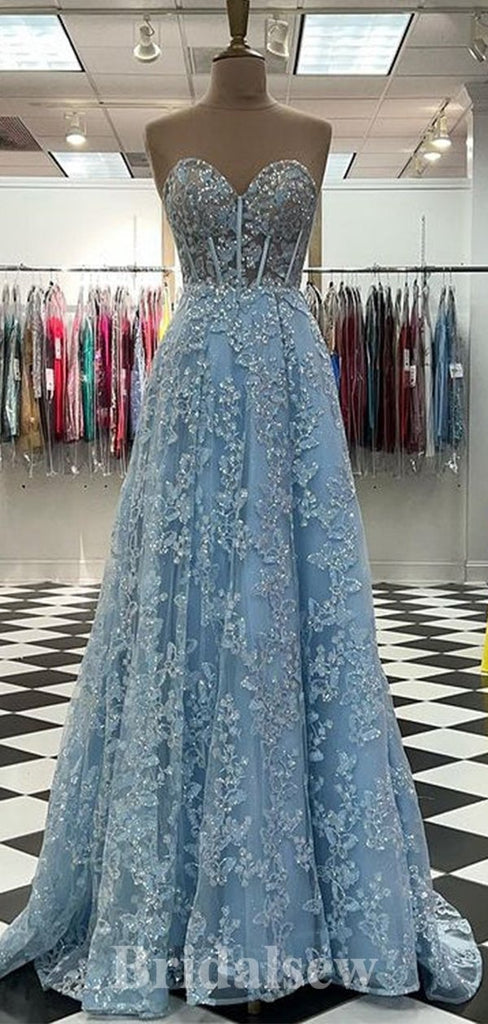 A-line Blue Lace Modest High Quality Pretty Elegant Long Evening Prom Dresses PD1211