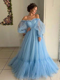 A-line Blue Long Sleeves Tulle Party Long Vintage Prom Dresses Online PD093