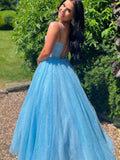 A-line Blue Long Sparkly Sequin Straps Fashion Evening Party Prom Dresses PD235