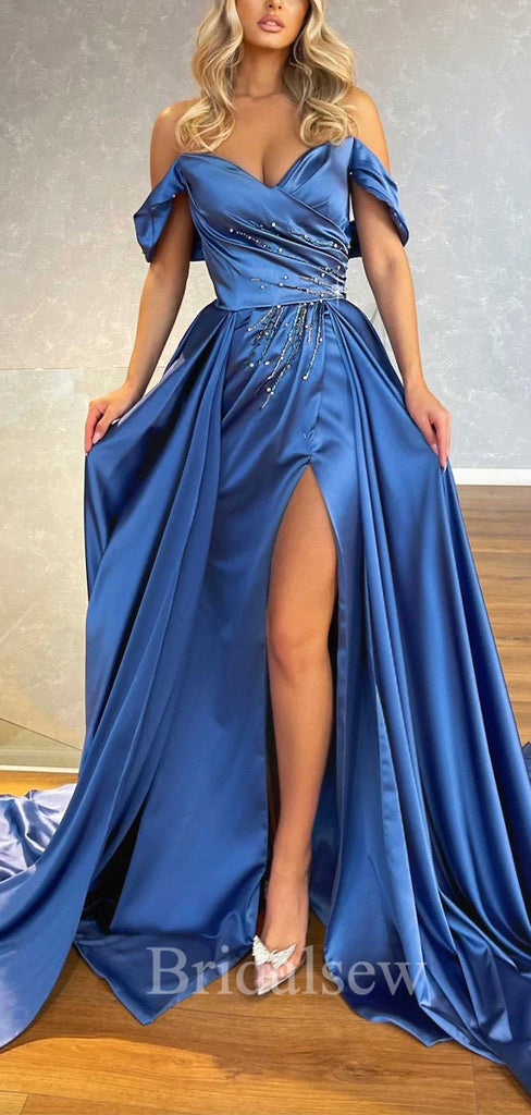 A-line Blue Off the Shoulder Women Satin Modest Formal Evening Long Prom Dresses PD552
