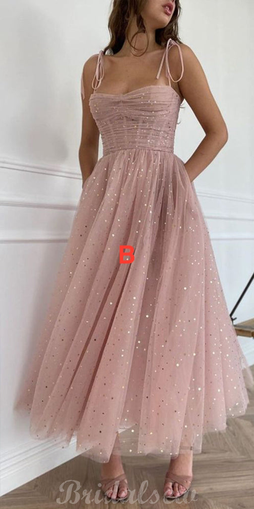 A-line Blue Pink Tulle Sparkly Popular Prom Dresses PD020