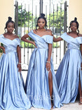 A-line Blue Satin Off the Shoulder Slit Simple Cheap Elegant Long Formal Bridesmaid Dresses BD175