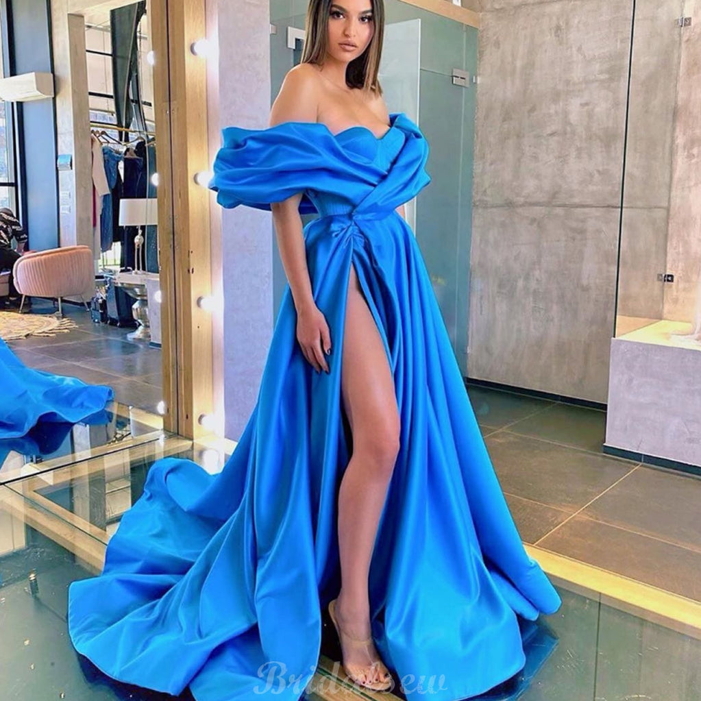 A-line Blue Satin Popular Elegant Party Prom Dresses PD031