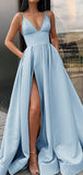 A-line Blue Satin Spaghetti Straps Prom Dresses Online PD052