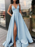 A-line Blue Satin Spaghetti Straps Prom Dresses Online PD052