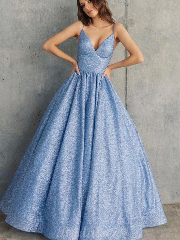 A-line Blue Sequin Sparkly Princess Elegant Formal Black Girls Slay Evening Long Prom Dresses PD548