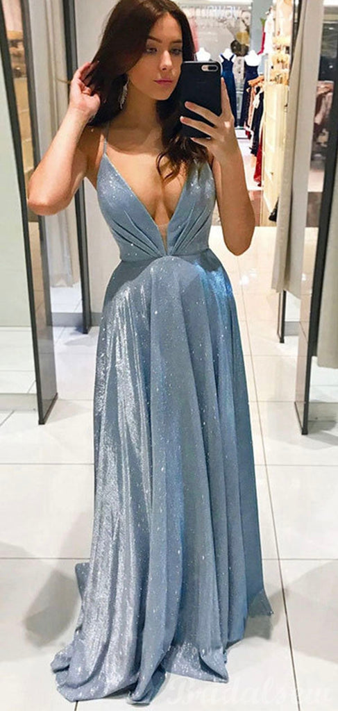 A-line Blue Sequin Sparkly Spaghetti Straps Shinning Modest Evening Long Prom Dresses PD352