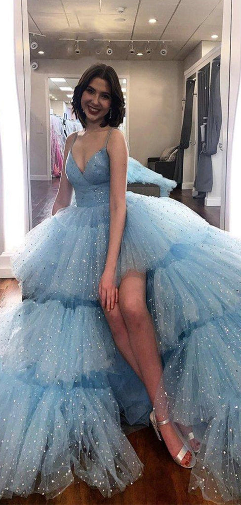 A-line Blue Sequin Tulle Fashion Gorgeous Formal Long Prom Dresses PD250