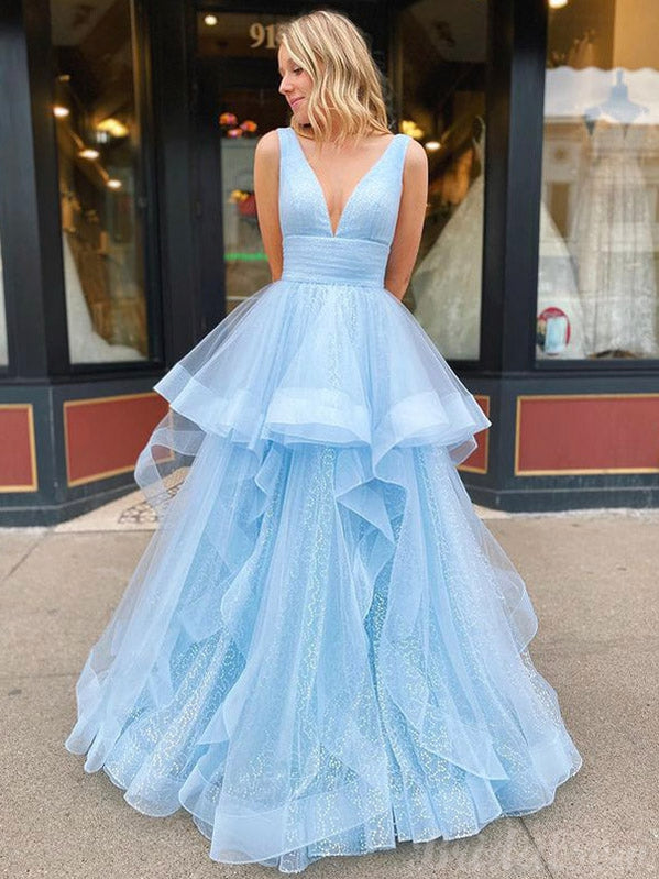 A-line Blue Sleeves Gorgeous Princess Party Black Girls Slay Evening Long Prom Dresses PD501