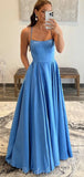 A-line Blue Spaghetti Straps Party Formal Long Prom Dresses, Evening Dress PD436