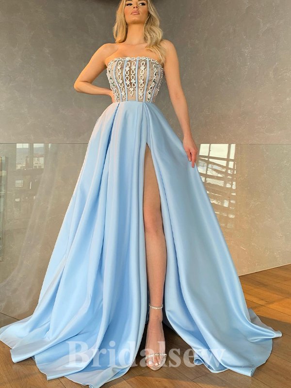A-line Blue Strapless Satin New Fashion Long Elegant Party Prom Dresses PD1170