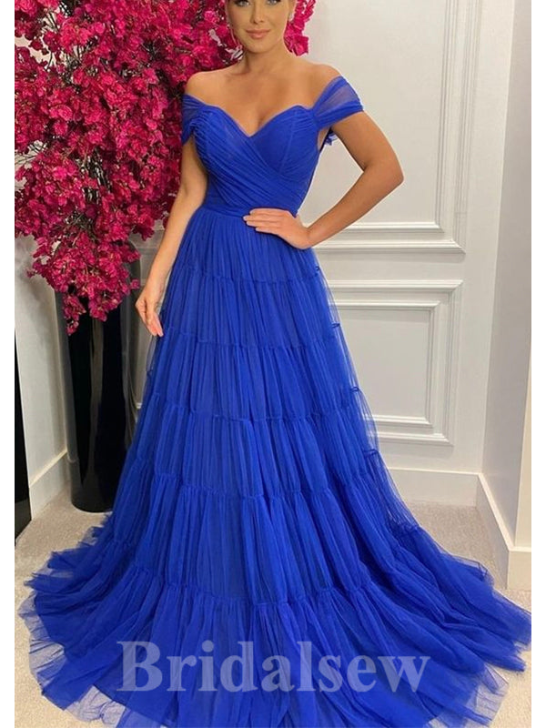 A-line Blue Tulle Off the Shoulder New Best Modest Elegant Long Women Evening Prom Dresses PD904