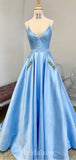 A-line Blue Unique Spaghetti Straps Modest Elegant Long Party Evening Prom Dresses PD1332