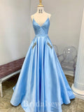 A-line Blue Unique Spaghetti Straps Modest Elegant Long Party Evening Prom Dresses PD1332