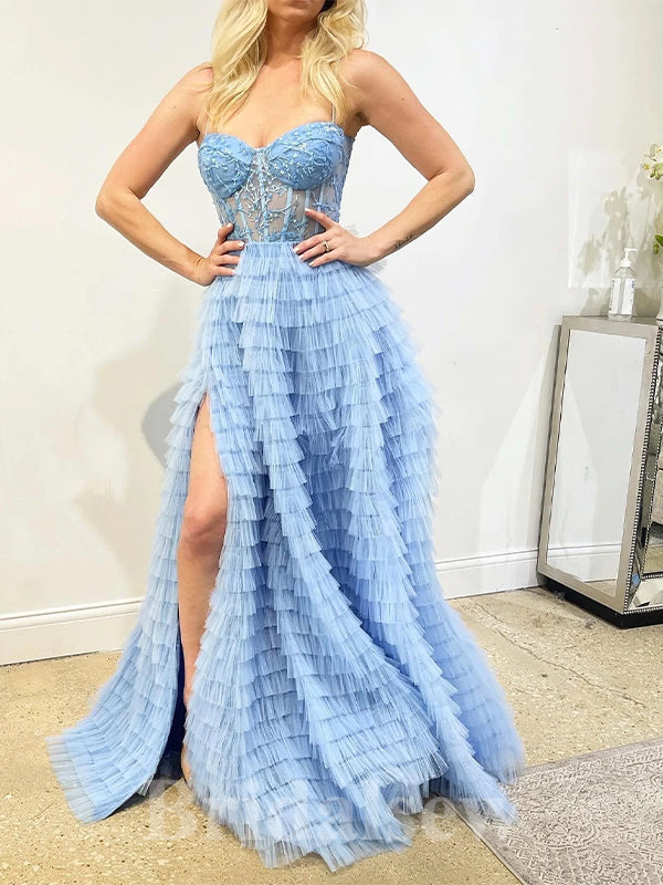 A-line Blue Unique Stylish Spaghetti Straps Long Women Evening Prom Dresses PD850