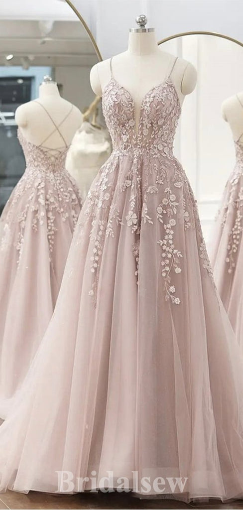 A-line Blush Pink Tulle Lace Spaghetti Straps Pretty Long Elegant Party Prom Dresses PD1178