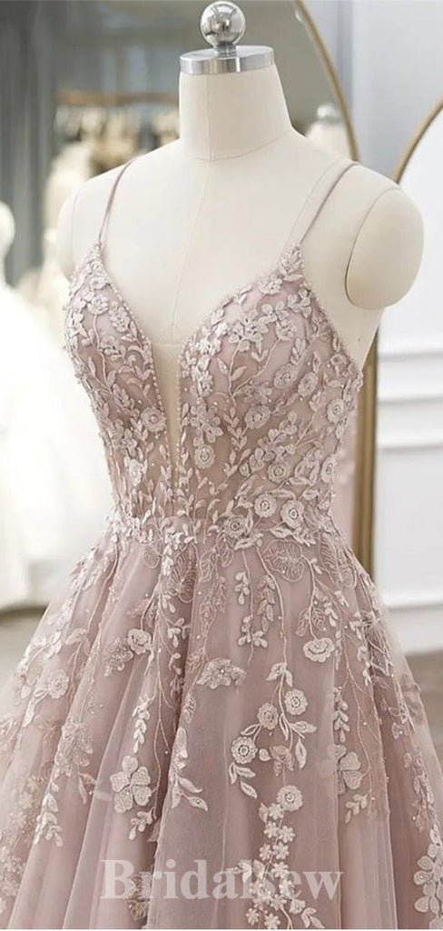 A-line Blush Pink Tulle Lace Spaghetti Straps Pretty Long Elegant Party Prom Dresses PD1178