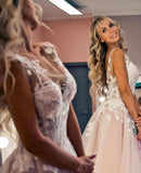 A-line Boho Vintage Long Beach Lace Wedding Dresses, Bridal Gowns WD094