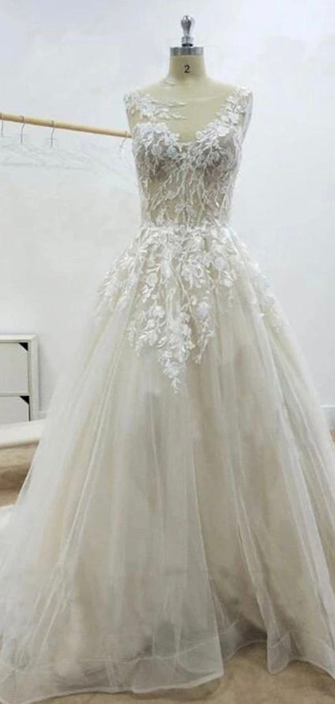 A-line Boho Vintage Long Beach Lace Wedding Dresses, Bridal Gowns WD094