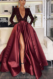 A-line Black Bugundy Red V-Neck Long Formal Prom Dresses PD008