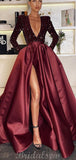 A-line Black Bugundy Red V-Neck Long Formal Prom Dresses PD008