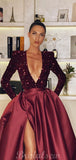 A-line Black Bugundy Red V-Neck Long Formal Prom Dresses PD008