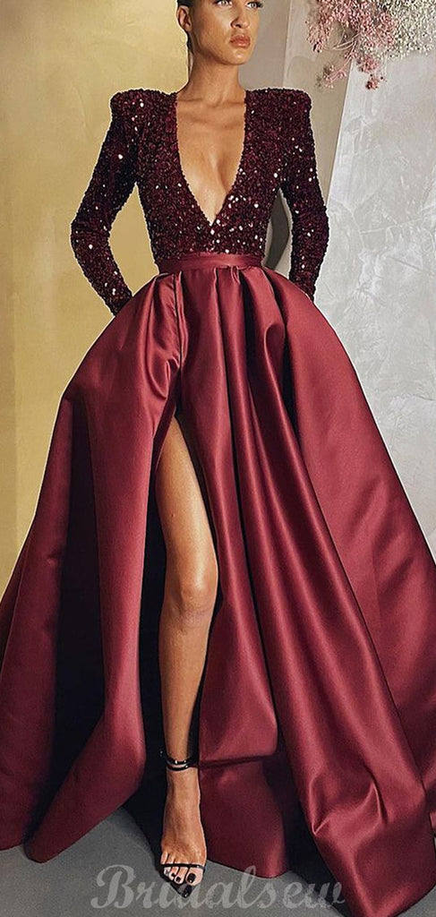 A-line Black Bugundy Red V-Neck Long Formal Prom Dresses PD008
