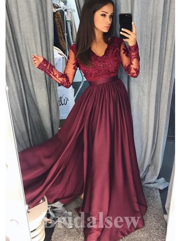 A-line Burgundy Long Sleeves Hot Sale Stylish Party Evening Long Prom Dresses PD1132