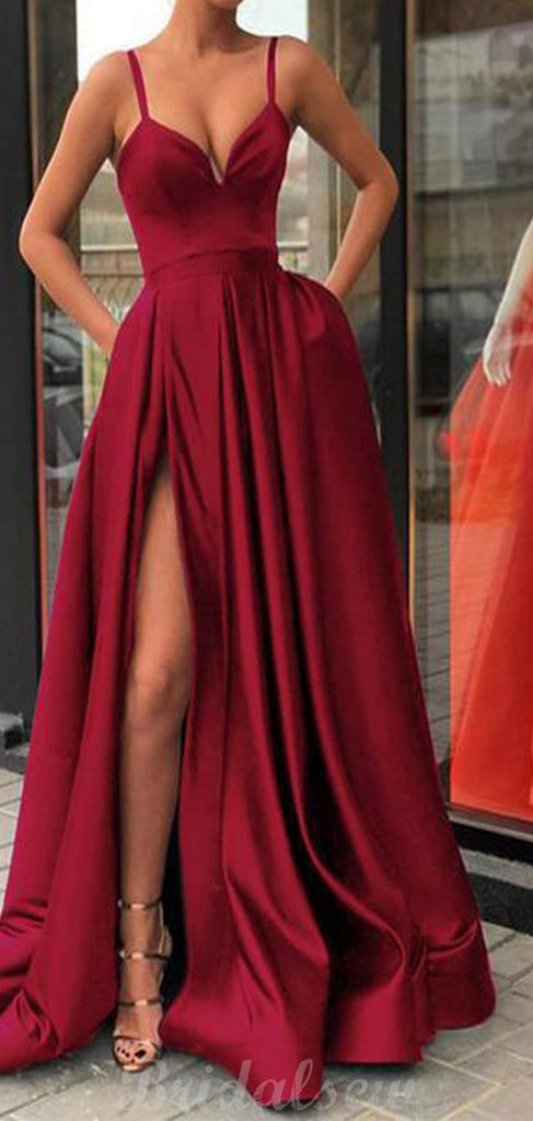 A-line Burgundy Modest Side Slit Prom Dresses Online PD098