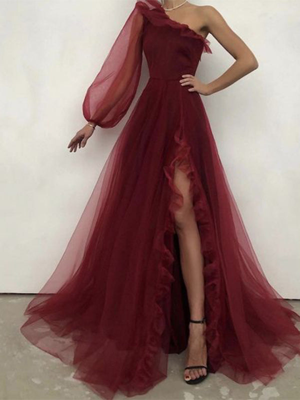 A-line Burgundy One Shoulder Elegant Modest Formal Long Prom Dresses P bridalsew A-line Burgundy One Shoulder Elegant Modest Formal Long Prom Dresses P bridalsew