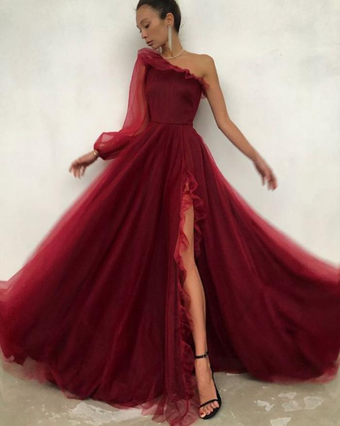 A-line Burgundy One Shoulder Elegant Modest Formal Long Prom Dresses PD295