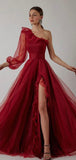 A-line Burgundy One Shoulder Elegant Modest Formal Long Prom Dresses PD295