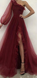 A-line Burgundy One Shoulder Elegant Modest Formal Long Prom Dresses PD295