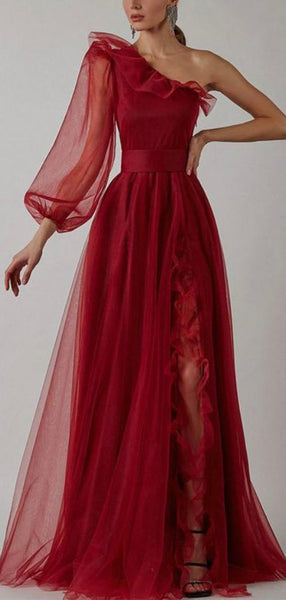 A-line Burgundy One Shoulder Elegant Modest Formal Long Prom Dresses P ...