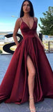 A-line Burgundy Spaghetti Straps Satin Popular Party Long Prom Dresses, Evening Dress PD358