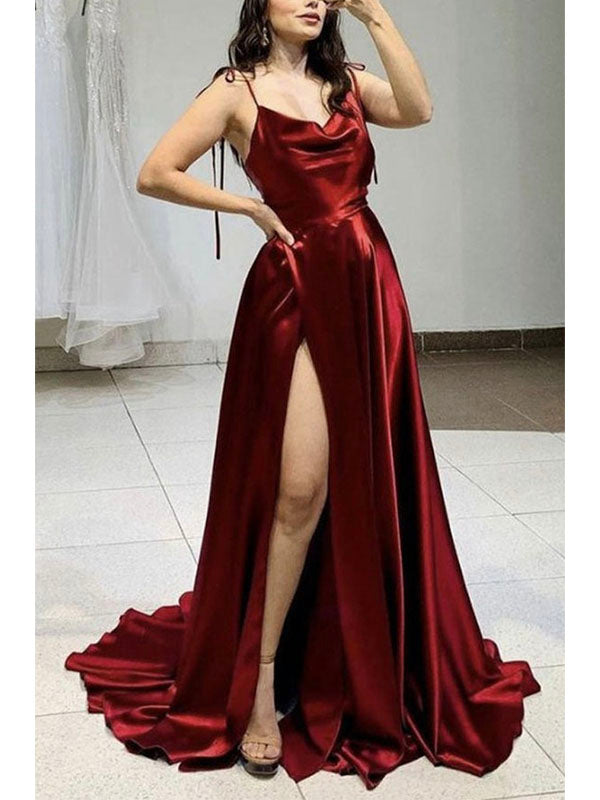 A-line Burgundy Spaghetti Straps Simple Modest Party Long Prom Dresses PD312