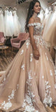 A-line Champagne Lace Off the Shoulder Vintage Wedding Dresses WD001