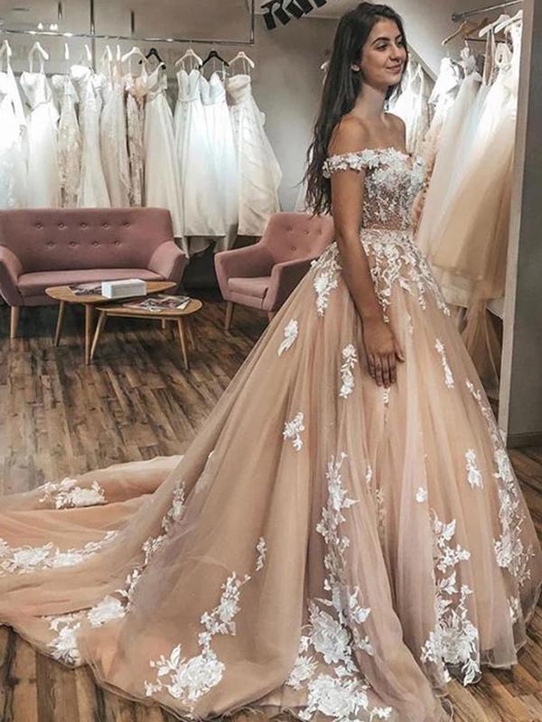 A-line Champagne Lace Off the Shoulder Vintage Wedding Dresses WD001 –  bridalsew