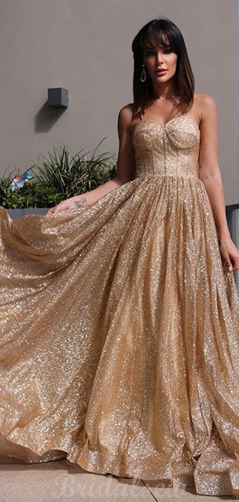 A-line Champagne Sparkly Sequin Party Black Girls Slay Evening Long Prom Dresses PD497