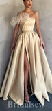 A-line Champagne Unique Strapless Satin Elegant Modest Long Party Evening Prom Dresses PD1295
