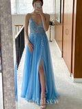 A-line Charming Blue Spaghetti Straps Tulle Long Party Evening Prom Dresses PD1286