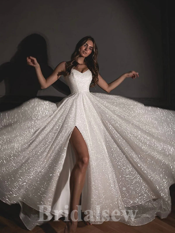 A-line Charming Classic Fitted Sparkly Sequin Straps Beach Vintage Long Wedding Dresses WD314
