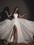 A-line Charming Classic Fitted Sparkly Sequin Straps Beach Vintage Long Wedding Dresses WD314